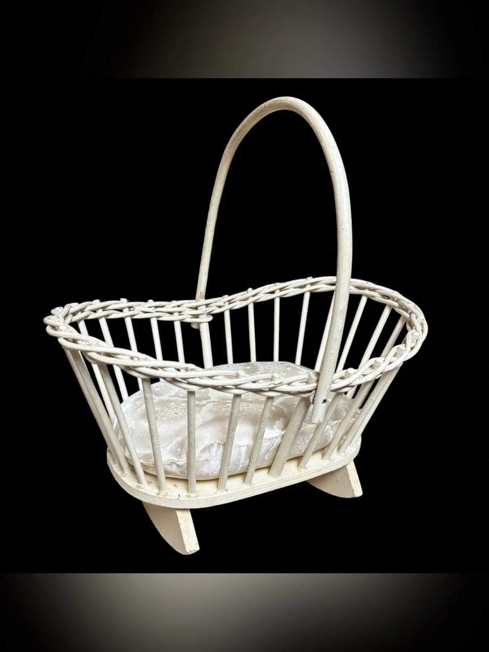Vintage Wicker Baby Doll Bed With Soft Pillow Antique Off White